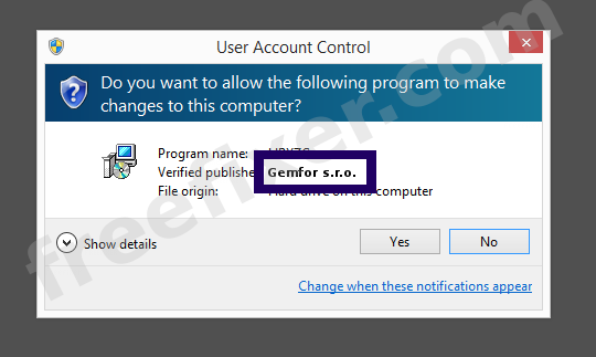 Screenshot where Gemfor s.r.o. appears as the verified publisher in the UAC dialog